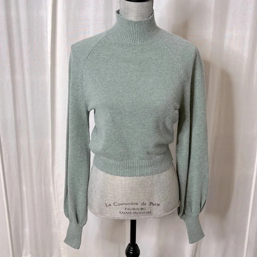 NWOT BCBGMAXAZRIA Sage Green Wool Mock Neck Balloon Sleeve Crop Sweater, Size S
